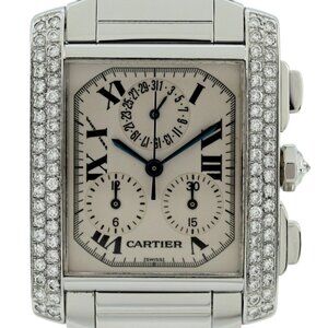 Cartier 28mm Men's Tank Francaise Chronoflex Diamonds Bezel SS Watch